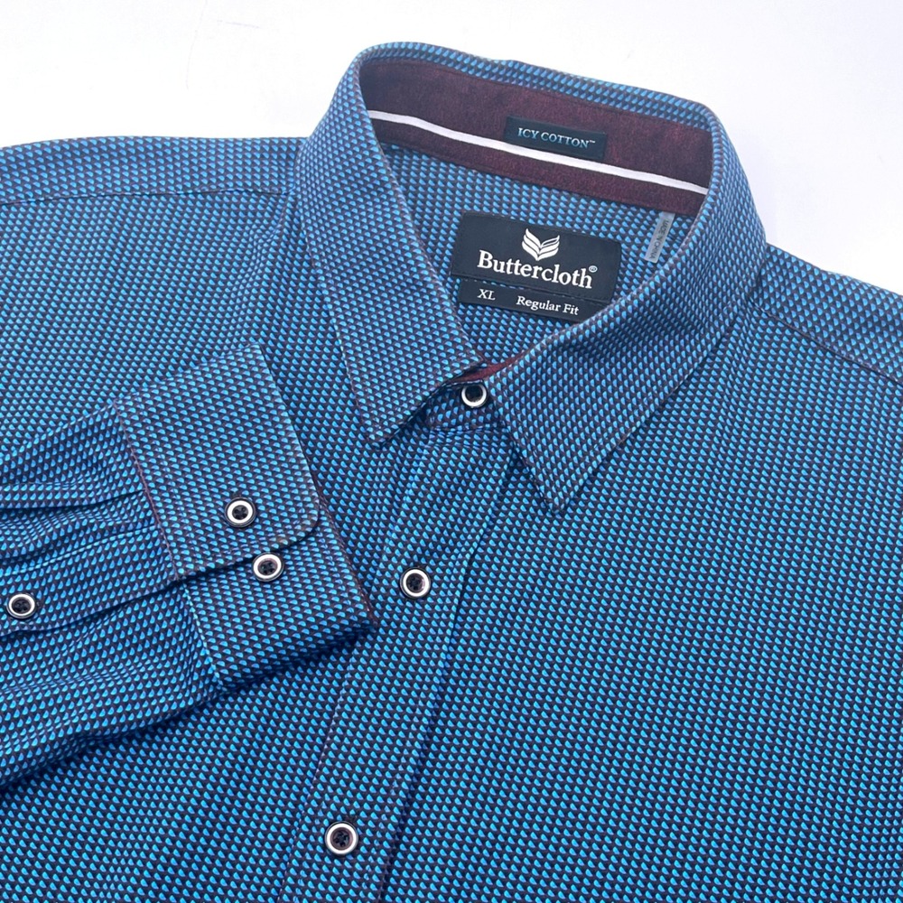 Buttercloth Icy Cotton Mens XL Regular Fit Blue Geometric Long Sleeve Shirt